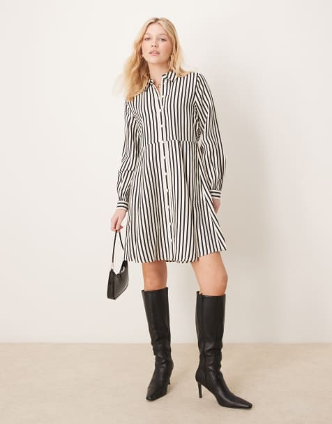 YAS - Vestito camicia corto con fondo svolazzante crema e nero a righe - view 1