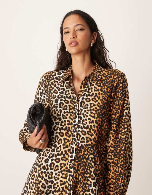 YAS - Vestito camicia corto con stampa leopardata e fondo svolazzante, 4 di 4