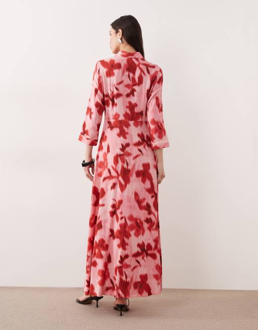 YAS - Vestito camicia lungo rosa e rosso a fiori, 3 di 4