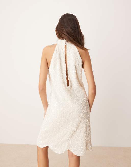 YAS - Vestito corto accollato bianco testurizzato con paillettes, 2 di 4
