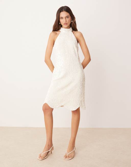 YAS - Vestito corto accollato bianco testurizzato con paillettes, 4 di 4