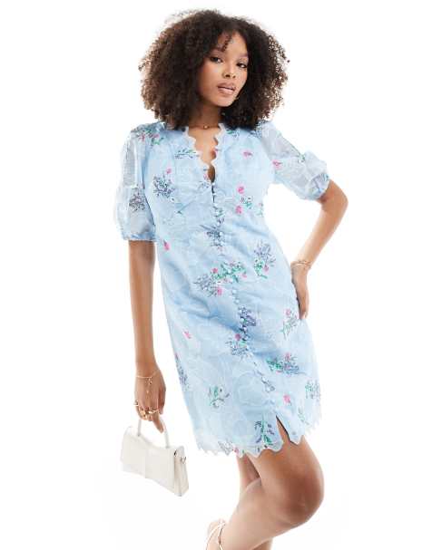 Y.A.S - Vestito corto blu in organza con bottoni e ricami - view 1