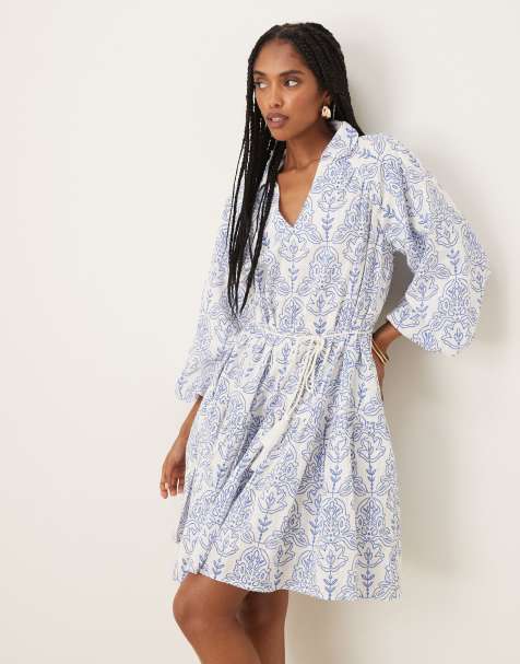 YAS - Vestito corto bohémien con maniche a sbuffo e allacciatura in vita blu e bianco con stampa astratta - view 1