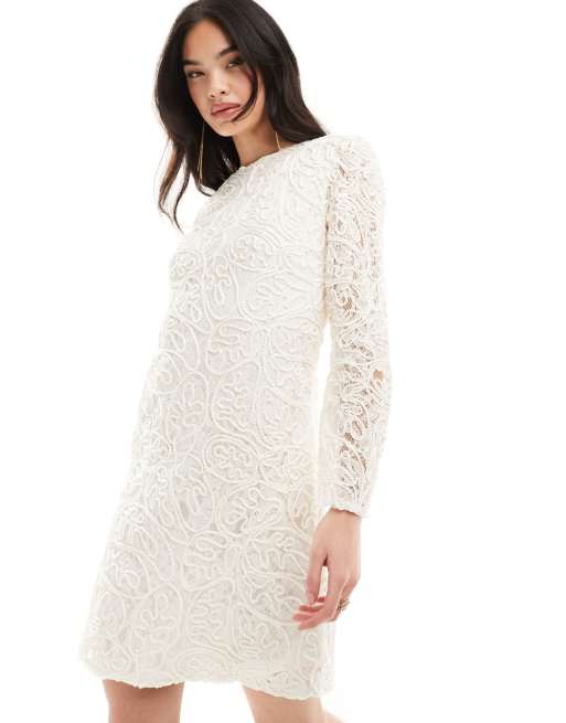 Y.A.S - Vestito corto da sposa con strato in pizzo color avorio con motivo attorcigliato e apertura a goccia sulla schiena