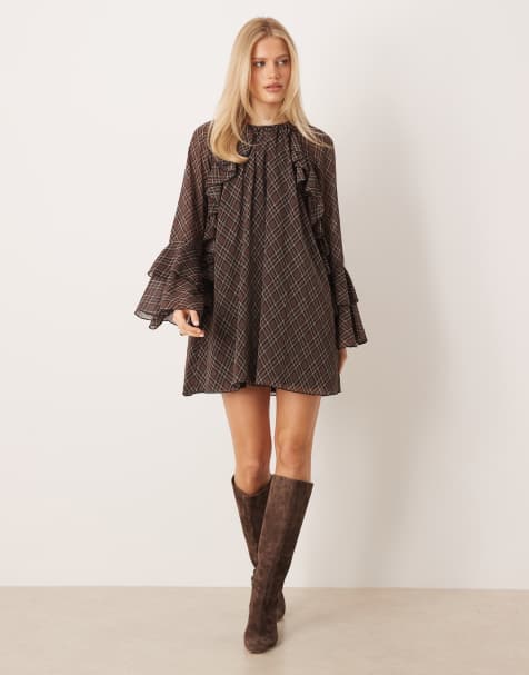 YAS - Vestito corto in chiffon marrone a quadri con volant e maniche voluminose - view 1