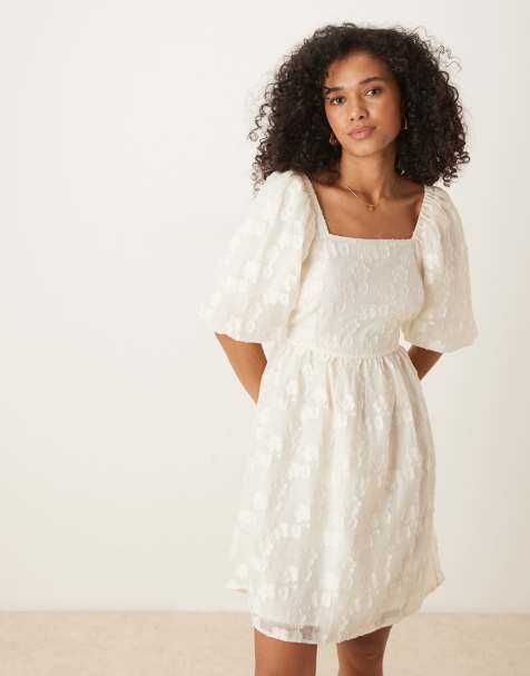 YAS - Vestito corto in jacquard color panna con maniche a sbuffo - view 1