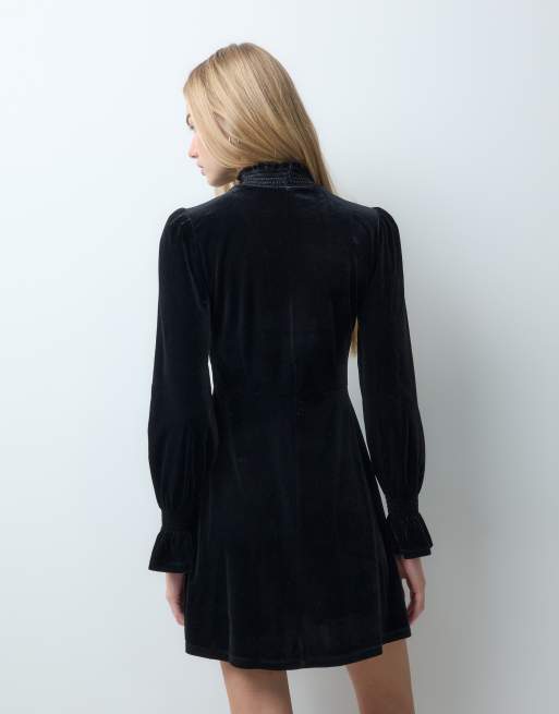 YAS vestito corto in velluto con collo alto e maniche a volant nero, 4 di 5