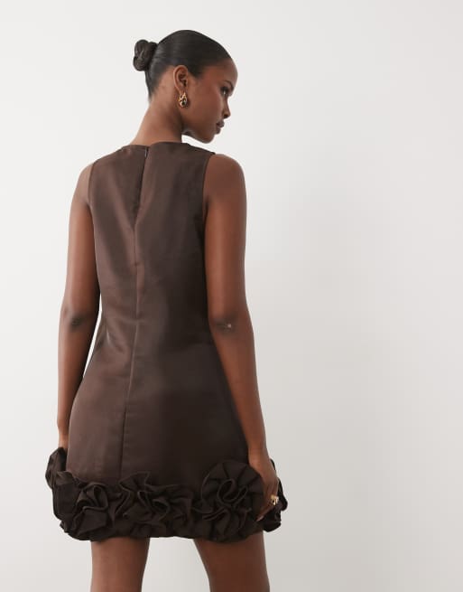 YAS - Vestito corto marrone cioccolato con volant sul fondo, 4 di 4