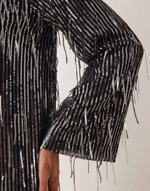 YAS Vestito corto nero con paillettes e frange ASOS