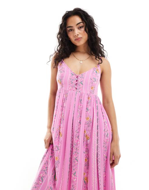 YAS - Vestito da festival lungo con bottoni sul davanti e spalline sottili rosa a righe con motivo a fiori