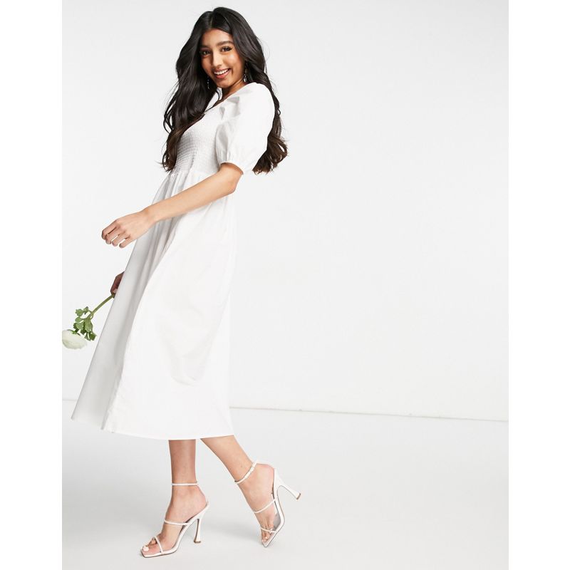 Donna Designer Y.A.S - Vestito da sposa midi in popeline bianco con parte superiore arricciata e maniche a sbuffo