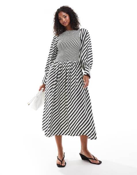 YAS - Vestito grembiule a maniche lunghe a righe diagonali nere - view 1