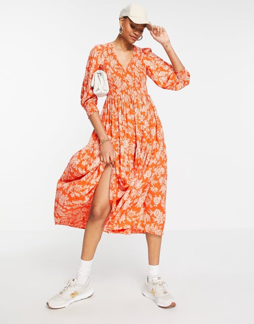 Y.A.S - Vestito grembiule midi arancione vivace con stampa a fiori
