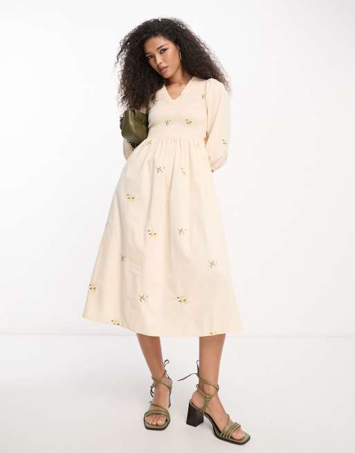 Y.A.S - Vestito grembiule midi color crema a fiori con corpino arricciato