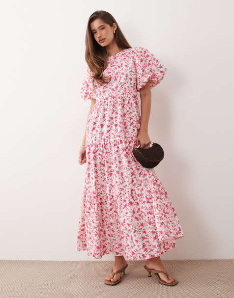 YAS - Vestito lungo a balze in cotone rosa a fiori con maniche voluminose - view 1