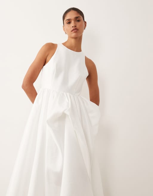 YAS - Vestito lungo a pieghe in taffetà strutturato bianco gardenia, 2 di 4