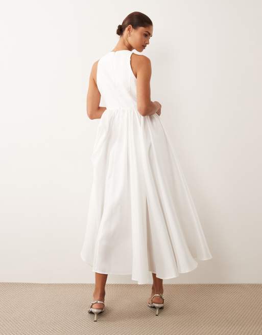 YAS - Vestito lungo a pieghe in taffetà strutturato bianco gardenia, 4 di 4