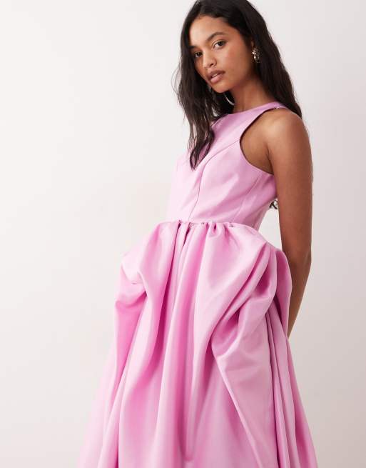 YAS - Vestito lungo a pieghe in taffetà strutturato rosa glassato, 2 di 4