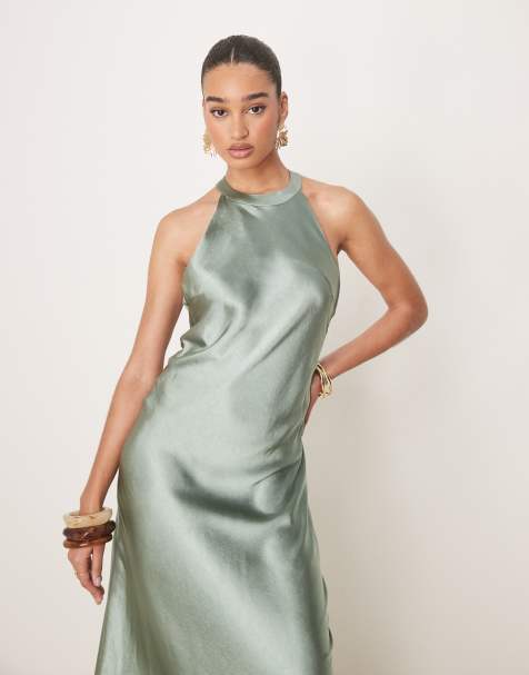YAS - Vestito lungo accollato in raso color verde tenue - view 1