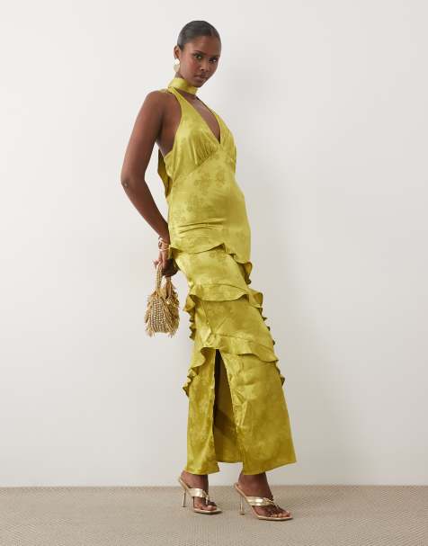 YAS - Vestito lungo allacciato al collo in jacquard verde muschio con volant - view 1