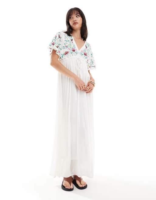 YAS - Vestito lungo bianco ricamato con scollo a V, 4 di 4