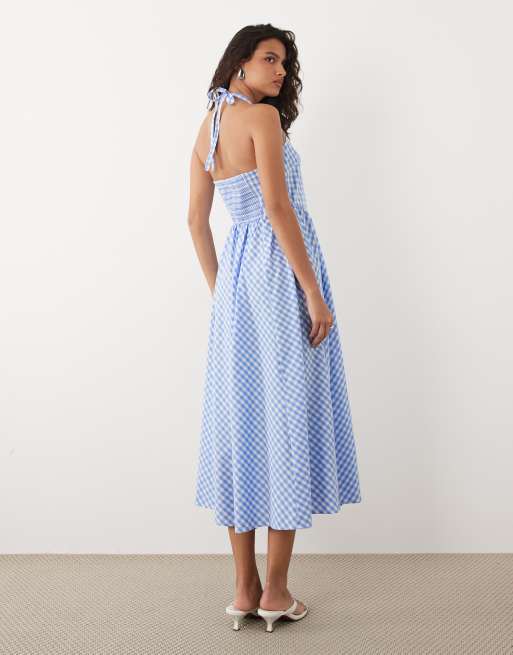 YAS - Vestito lungo blu a quadretti allacciato al collo con dettaglio in vita, 4 di 4
