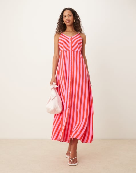 YAS - Vestito lungo con spalline sottili a righe rosa e rosse con bottoni - view 1
