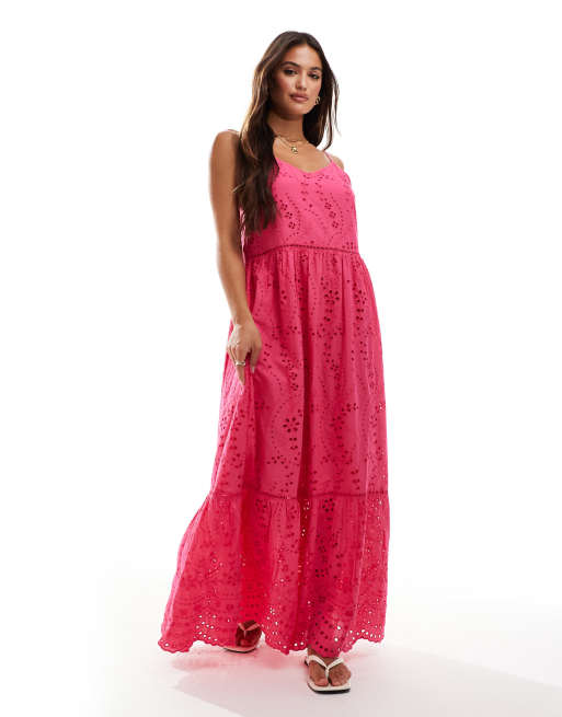 YAS - Vestito lungo con spalline sottili in pizzo sangallo color sorbetto al lampone