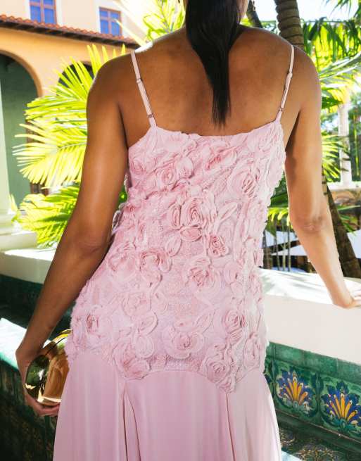 YAS - Vestito lungo con spalline sottili rosa cipria con applicazioni floreali e vita scesa, 4 di 4