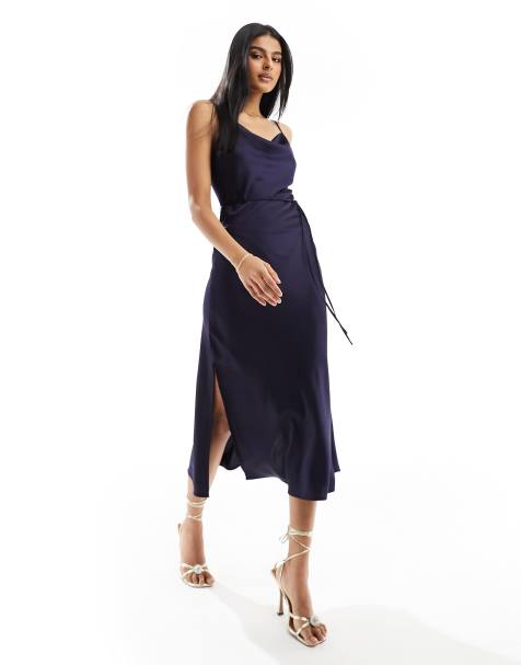 YAS - Vestito lungo da damigella in raso blu navy intenso con spalline sottili - view 1