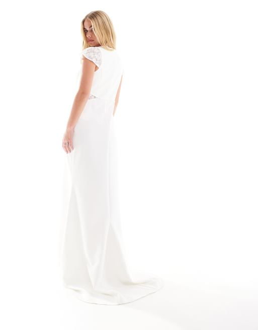 Y.A.S - Vestito lungo da sposa in pizzo bianco con maniche ad aletta e strascico