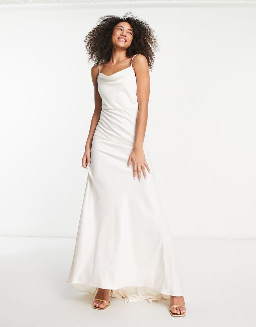 Y.A.S - Vestito lungo da sposa in raso bianco con spalline sottili, 4 di 4
