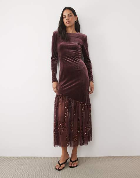 YAS vestito lungo in velluto a maniche lunghe con orlo asimmetrico glitter bordeaux - view 1