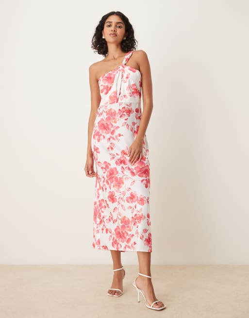 YAS - Vestito lungo monospalla in raso bianco a fiori rossi, 2 di 4