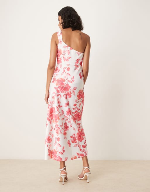 YAS - Vestito lungo monospalla in raso bianco a fiori rossi, 3 di 4