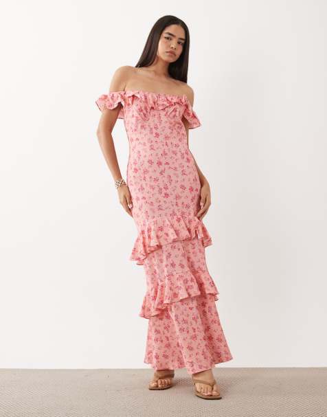YAS - Vestito lungo rosa a fiori con volant e spalle scoperte - view 1