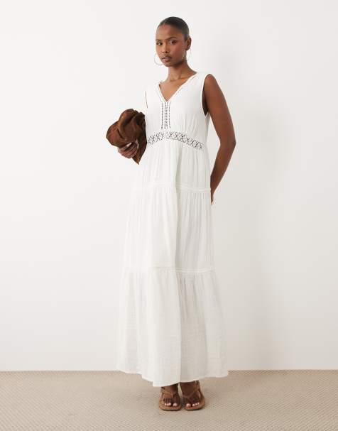 YAS - Vestito lungo senza maniche in cotone stropicciato bianco con inserti all'uncinetto - view 1