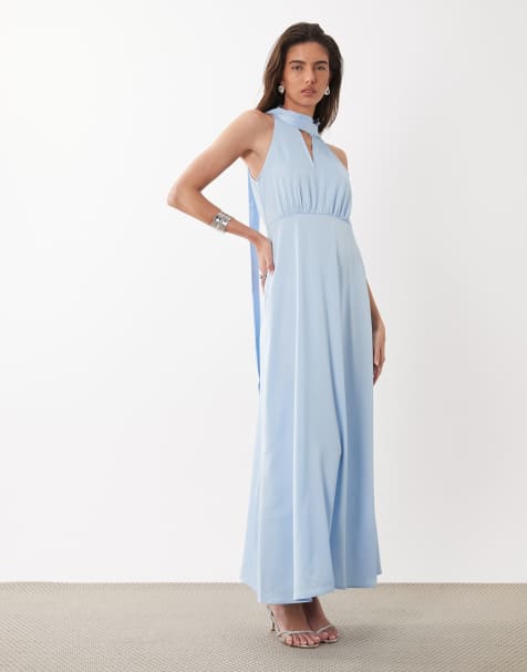 YAS vestito midaxi in raso drappeggiato con collo alto e dettaglio foulard, azzurro tenue - view 1