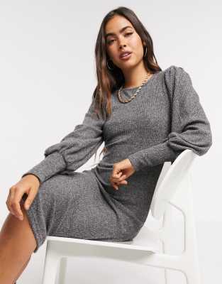 YAS - Vestito midi accollato e lavorato in maglia grigio