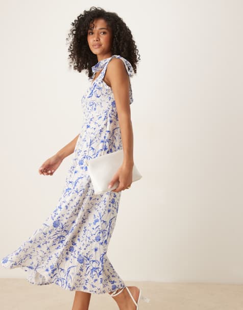 YAS - Vestito midi blu e bianco a fiori con spalline annodate - view 1