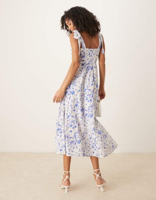 YAS - Vestito midi blu e bianco a fiori con spalline annodate, 4 di 4