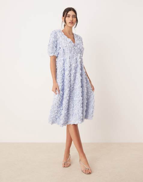 YAS - Vestito midi blu tenue testurizzato a fiori 3D con scollo a V - view 1