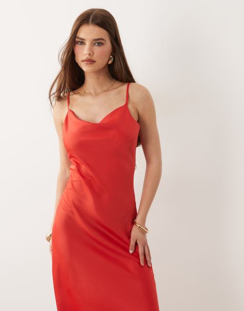 YAS - Vestito midi con spalline sottili in raso rosso - view 1