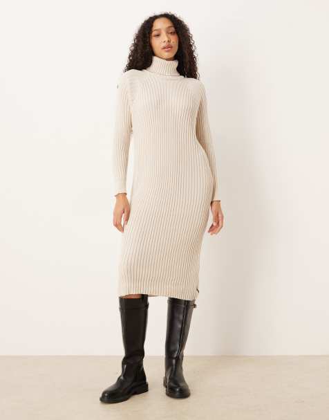 YAS - Vestito midi dolcevita in maglia premium a coste color crema - view 1