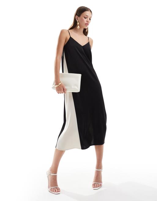 YAS - Vestito midi in raso nero bicolore con spalline sottili