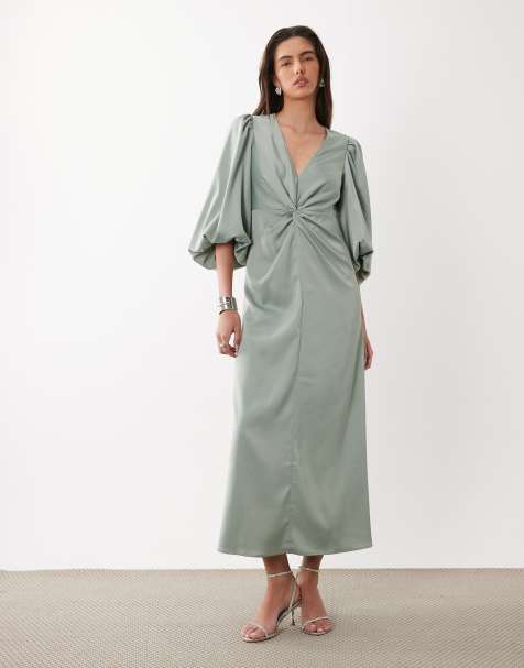 YAS - Vestito midi in raso verde con maniche voluminose e nodo sul davanti - view 1