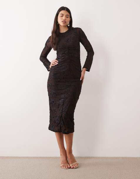 YAS vestito midi in rete jacquard con maniche lunghe e arricciature, nero e marrone - view 1