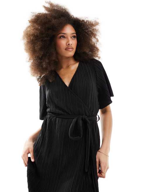 YAS - Vestito midi plissé a portafoglio nero, 3 di 4