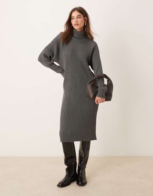 YAS - Vestito midi stile maglione con collo alto grigio a coste, 2 di 4