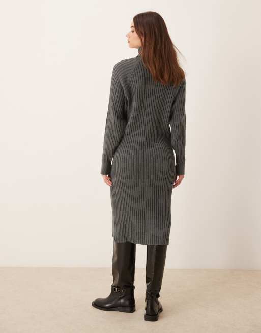 YAS - Vestito midi stile maglione con collo alto grigio a coste, 3 di 4